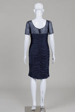Load image into Gallery viewer, Adrianna Papell navy short-sleeve ruched knee length dress with sheer top and beading (8)
