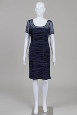 Load image into Gallery viewer, Adrianna Papell navy short-sleeve ruched knee length dress with sheer top and beading (8)
