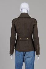 Load image into Gallery viewer, Andrew Marc army green military style coat with zippered pockets and buckle neck detail (2)

