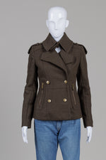 Load image into Gallery viewer, Andrew Marc army green military style coat with zippered pockets and buckle neck detail (2)
