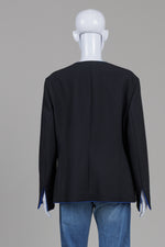 Load image into Gallery viewer, Boss black collarless coat with single button closure and royal blue lapel lining (Plus)

