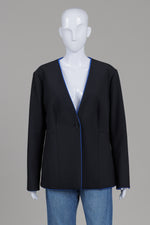 Load image into Gallery viewer, Boss black collarless coat with single button closure and royal blue lapel lining (Plus)
