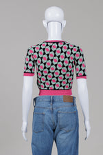 Load image into Gallery viewer, Diane von Furstenberg pink, green and black geometric print cropped short sleeve sweater (XXS)
