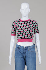 Load image into Gallery viewer, Diane von Furstenberg pink, green and black geometric print cropped short sleeve sweater (XXS)
