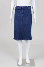 Load image into Gallery viewer, Betsey Johnson blue denim skirt with back pocket flame design (M)
