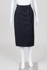 Load image into Gallery viewer, Charles Jordan black midi vintage skirt with placket and button and satin detailing (38)
