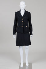 Load image into Gallery viewer, St. John Caviar black 2 piece (blazer and skirt) vintage suit with gold buttons (12)
