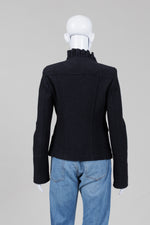 Load image into Gallery viewer, Armani Collezioni black jacket with ruffle neck detail and front pockets (10) *new with buttons
