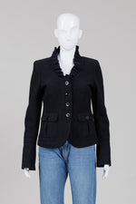 Load image into Gallery viewer, Armani Collezioni black jacket with ruffle neck detail and front pockets (10) *new with buttons
