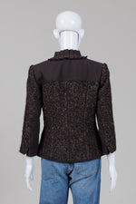 Load image into Gallery viewer, Ellie Tahari brown tweed look jacket with front pockets and ruflled neck detail (8)
