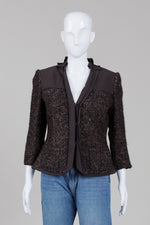 Load image into Gallery viewer, Ellie Tahari brown tweed look jacket with front pockets and ruflled neck detail (8)
