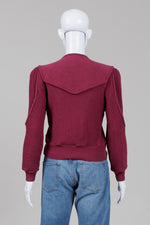 Load image into Gallery viewer, Geiger wine color cardigan with gold buttons and asymetrical knit arm detail (38)
