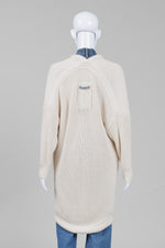Load image into Gallery viewer, Jeanne Baker long crème upcycled cardigan with denim collar and pocket detailing (S)
