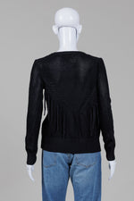 Load image into Gallery viewer, Maje black V-neck sweater with tassles and asymetrical knit detailing (2)

