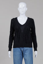 Load image into Gallery viewer, Maje black V-neck sweater with tassles and asymetrical knit detailing (2)
