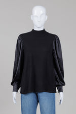 Load image into Gallery viewer, Chico's black long sleeve sweater blouse with satin sleeves (M)
