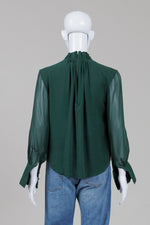 Load image into Gallery viewer, Frame forest green silk long sleeve blouse with back zipper and gathered collar (S)
