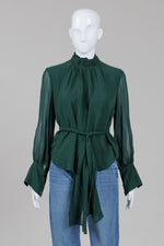 Load image into Gallery viewer, Frame forest green silk long sleeve blouse with back zipper and gathered collar (S)
