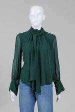 Load image into Gallery viewer, Frame forest green silk long sleeve blouse with back zipper and gathered collar (S)
