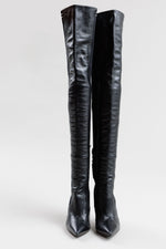 Load image into Gallery viewer, FENDI Black leather and knit thigh high pointed boots (36)
