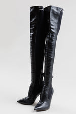 Load image into Gallery viewer, FENDI Black leather and knit thigh high pointed boots (36)
