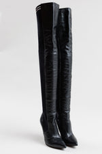 Load image into Gallery viewer, FENDI Black leather and knit thigh high pointed boots (36)
