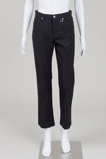 Load image into Gallery viewer, Simon Chang black straight leg denim pants with front zipper and pockets (4)
