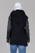 Load image into Gallery viewer, Mackage black open jacket (1 button) with pleather sleeves (S)
