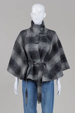 Load image into Gallery viewer, Holt Renfrew black and grey poncho with collar and tie belt
