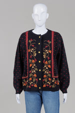Load image into Gallery viewer, Damart vintage black and red with multicolor leaf design cardigan with gold buttons
