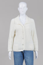 Load image into Gallery viewer, Handmade ivory cardigan with collar and front buttons and pockets
