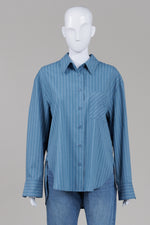 Load image into Gallery viewer, Reformation blue and white pin striped chambray buttoned shirt (S) *new with tags
