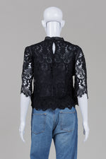 Load image into Gallery viewer, Choklate black lace 3/4 sleeve top with back top button (M)
