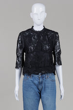 Load image into Gallery viewer, Choklate black lace 3/4 sleeve top with back top button (M)
