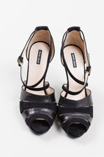 Load image into Gallery viewer, Giorgio Armani black suede and pebble leather cross-strap stilettos. Like new w/ box $850 US. (37)
