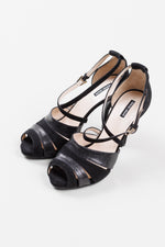 Load image into Gallery viewer, Giorgio Armani black suede and pebble leather cross-strap stilettos. Like new w/ box $850 US. (37)
