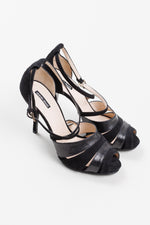 Load image into Gallery viewer, Giorgio Armani black suede and pebble leather cross-strap stilettos. Like new w/ box $850 US. (37)
