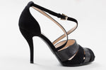 Load image into Gallery viewer, Giorgio Armani black suede and pebble leather cross-strap stilettos. Like new w/ box $850 US. (37)
