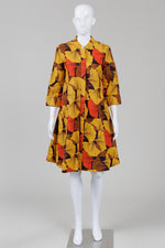 Load image into Gallery viewer, ZURI (Kenya) marigold, brown &amp; poppy coloured African print fit &amp; flare shirt dress (S)
