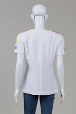 Load image into Gallery viewer, LoriAnn vintage, white pique collarless short sleeve button front top (5-6)
