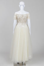 Load image into Gallery viewer, Custom made vintage pale yellow brocade &amp; netting cap sleeve gown

