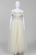 Load image into Gallery viewer, Custom made vintage pale yellow brocade &amp; netting cap sleeve gown
