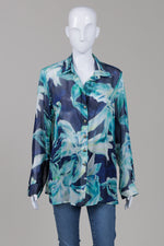 Load image into Gallery viewer, Nancy Lord Navy/Turquoise Floral Print Silk Blouse
