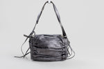 Load image into Gallery viewer, Francessco Biasia metallic gray leather hobo-style bag with pleated details, silver hardware and leather fringes.
