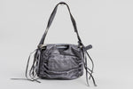 Load image into Gallery viewer, Francessco Biasia metallic gray leather hobo-style bag with pleated details, silver hardware and leather fringes.
