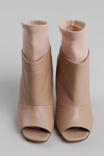 Load image into Gallery viewer, Marc Ellis New York nude leather with stretch fabric ankle boots with peep toe and 4” stiletto heel (37.5)
