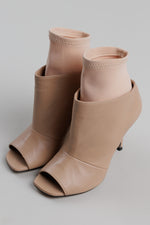 Load image into Gallery viewer, Marc Ellis New York nude leather with stretch fabric ankle boots with peep toe and 4” stiletto heel (37.5)
