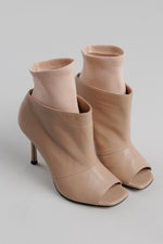 Load image into Gallery viewer, Marc Ellis New York nude leather with stretch fabric ankle boots with peep toe and 4” stiletto heel (37.5)
