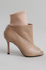 Load image into Gallery viewer, Marc Ellis New York nude leather with stretch fabric ankle boots with peep toe and 4” stiletto heel (37.5)

