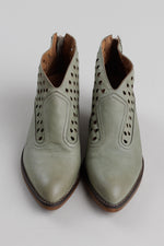 Load image into Gallery viewer, Casta light olive perforated leather ankle books with a stacked 2” heel (37).
